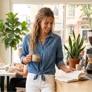 Young Hearts Run Free Women’s L Chambray Blouse, Tie Closure, Roll Tab Sleeves